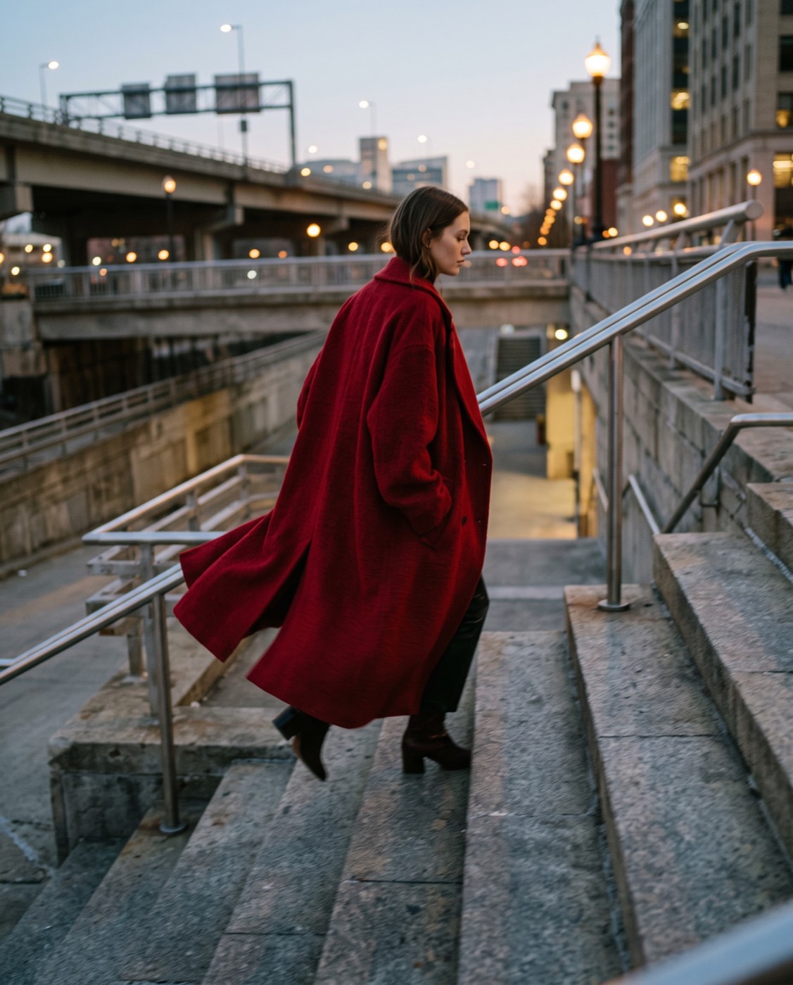 A woman in a long red wool coat walking down concrete steps under a flyover at dusk